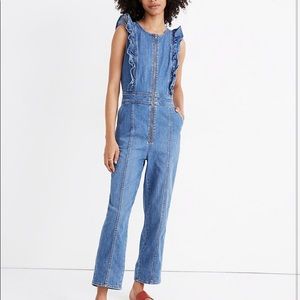 Madewell Denim Ruffle-Sleeve Zip-Front Jumpsuit